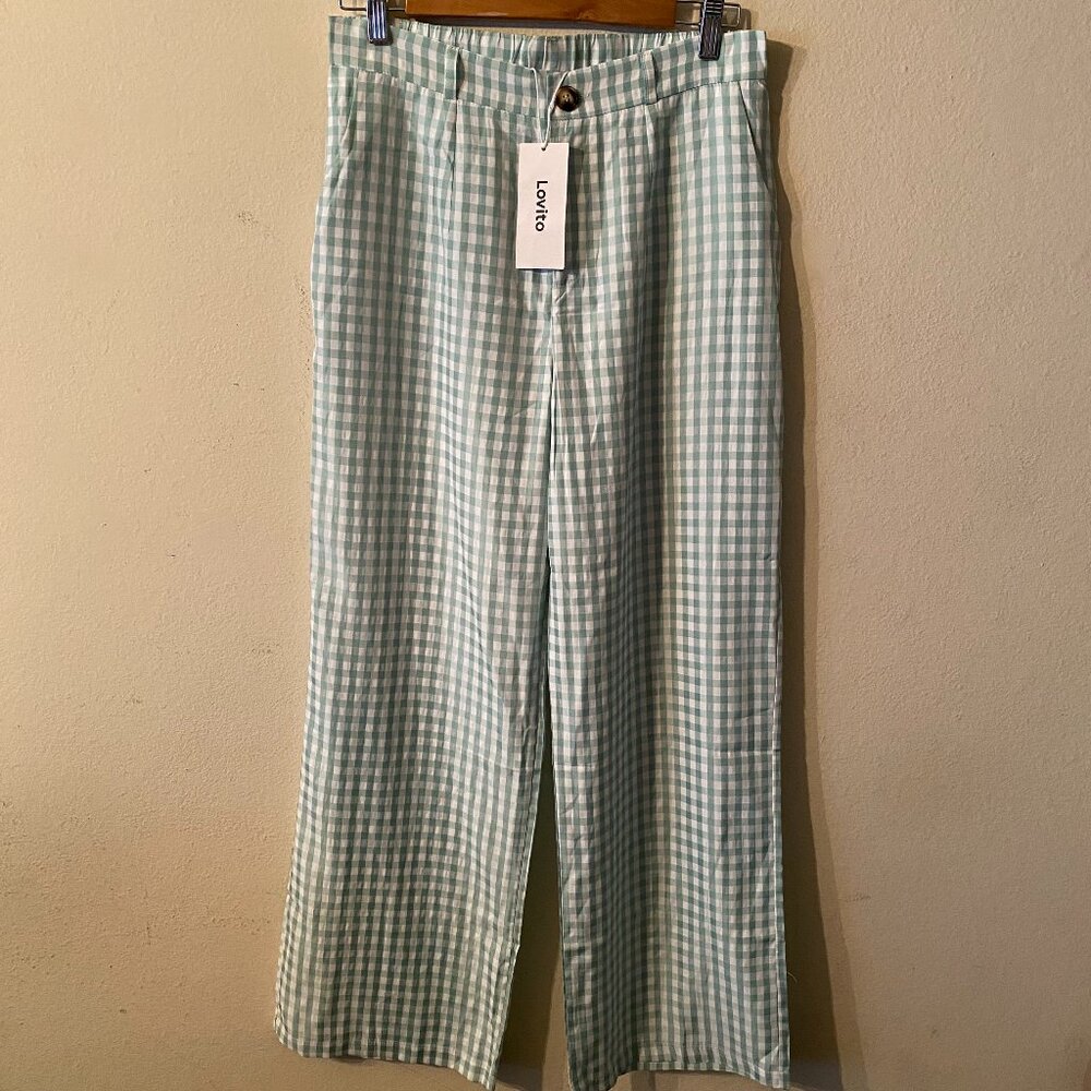 LOVITO LARGE (SIZE 8) GREEN & WHITE CHECKERED PANTS